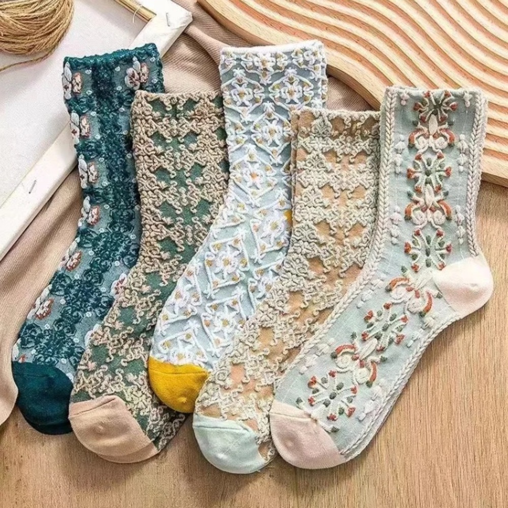 5 Pairs Teal Vintage Floral Socks